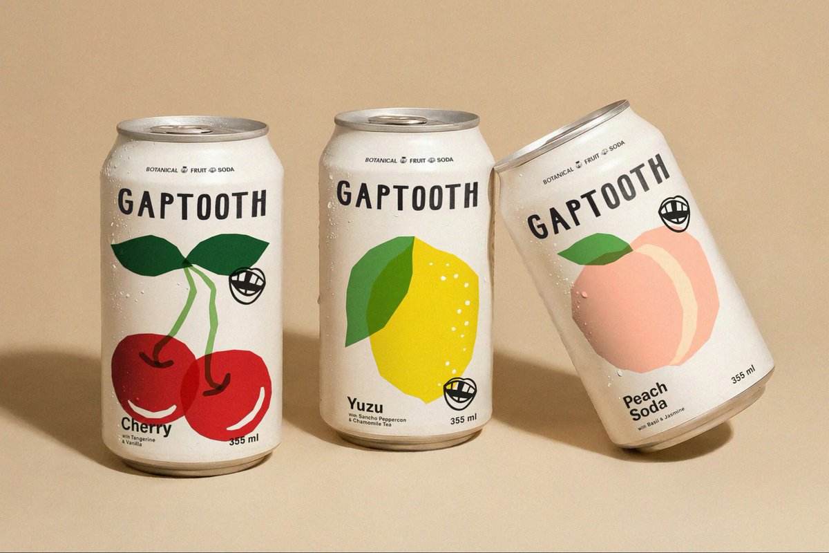 PENTAWARDS's tweet photo. Saint Urban's #packagingdesign for Gaptooth Soda embraces imperfection as a core design principle, using asymmetry, typography, and intentional graphic gaps to create a distinctive visual rhythm. Hand-drawn characters and illustrations add personality. #DailyDesignInspiration https://t.co/Hs9veVXhid