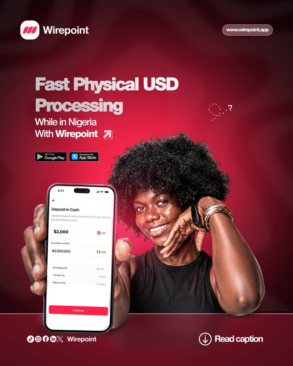 wirepointapp's tweet photo. Got physical USD cash and looking for an easy way to convert it to Naira? 🇺🇸🇳🇬

With Wirepoint, you can process your physical USD cash smoothly and receive fast Naira payouts without the usual stress. https://t.co/C0Ac49kRLW