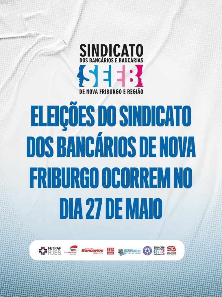 FetrafRJES's tweet photo. Eleições do Sindicato dos Bancários de Nova Friburgo ocorrem no dia 27 de maio

https://t.co/b79vbjOvws

#ES #RJ #FetrafRjES #Bancários https://t.co/6O54cb9TvR