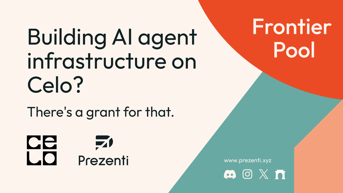 benibauer3's tweet photo. @prezenti_grants just launched the Frontier Pool, grants for anyone building infrastructure for the agent economy on @Celo! 🤖⚡ 

Up to $25k per project. 🧵👇