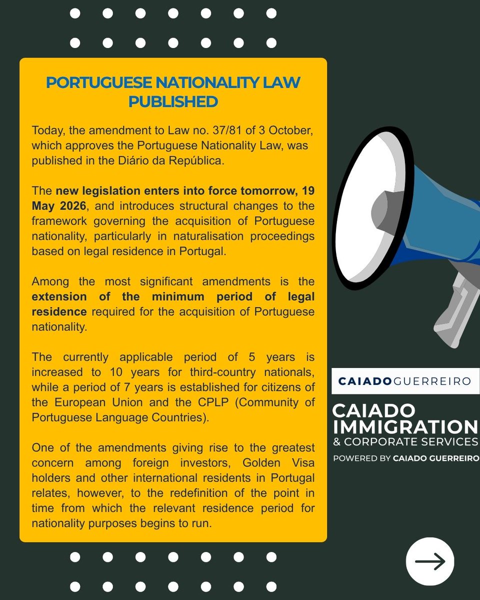 CImmigrationCS's tweet photo. Portugal’s new Nationality Law was officially published today in the Diário da República.

The changes may significantly impact foreign residents and Golden Visa investors, particularly regarding residence periods for naturalisation.

https://t.co/2ctl60OCBH https://t.co/PXrlanFI9E