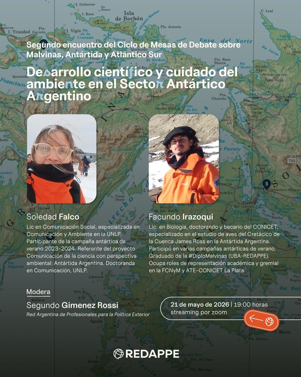 REDAPPE's tweet photo. ¿Querés profundizar en los fundamentos científicos y los desafíos actuales de nuestra soberanía? 🇦🇷

Sumate al ciclo de mesas debate con este segundo encuentro: "Desarrollo científico y cuidado del ambiente en el Sector Antártico Argentino" con Soledad Falco у Facundo Irazoqui. https://t.co/NEQCaA6ZB1