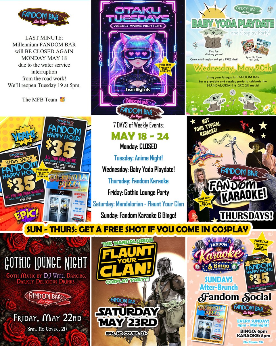 FandomBarLV's tweet photo. The #FandomBar is now open 7 days a week where every night is a celebration of the extraordinary in all of us! 😃 
#FandomBarLV #CosplayBar #LasVegas #thingstodo #Events #Party #Drinks #HappyHour #Pizza #Art #Bingo #Karaoke #Trivia #VideoGames #Anime #Cosplay #Fandom https://t.co/vSVWvBooaG