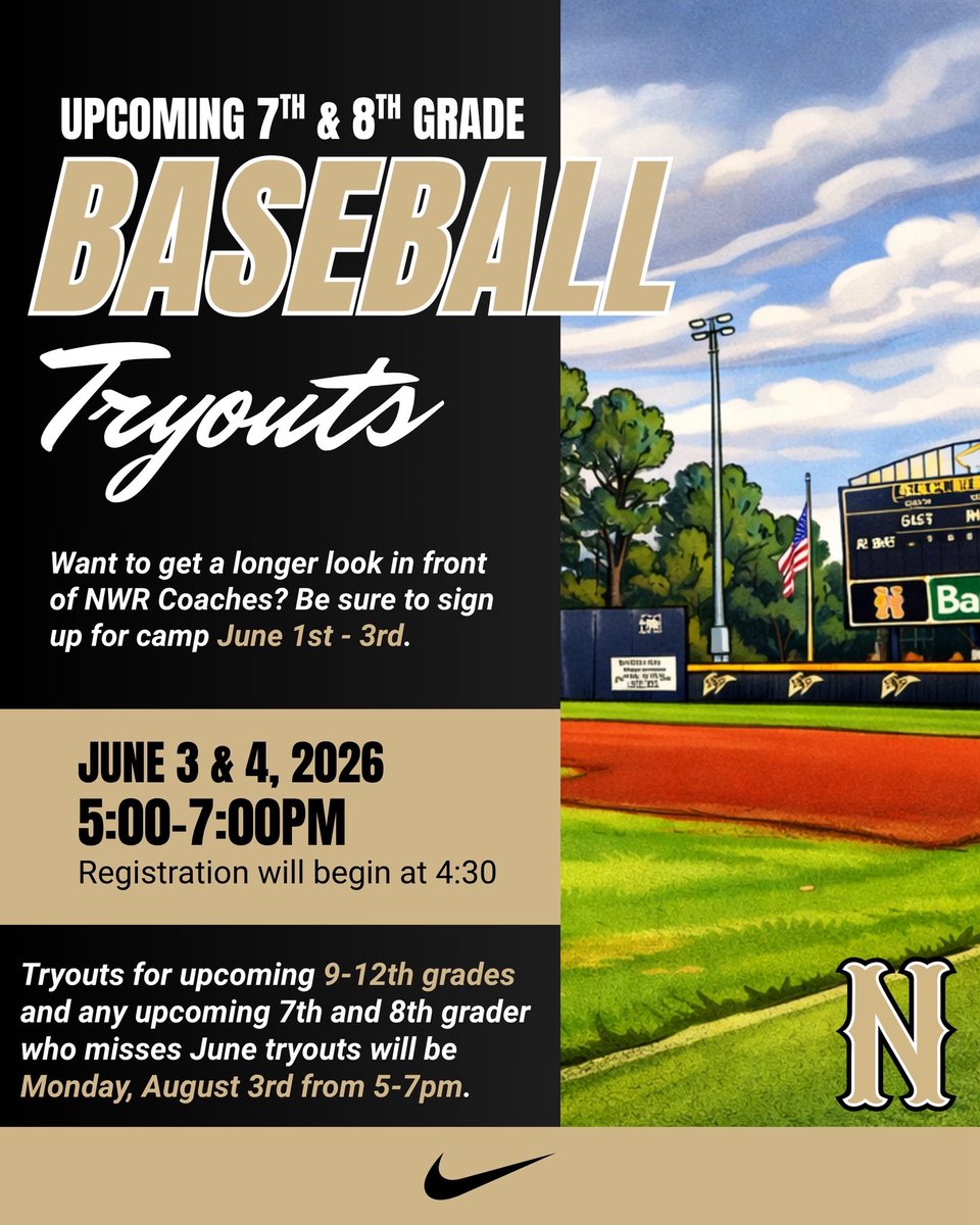 NWR_BASEBALL's tweet photo. Upcoming 7th and 8th Grade Baseball Tryouts

June 3 and 4, 2026
5-7pm (Registration will begin at 4:30)
NWRHS Baseball Stadium

*Tryouts for upcoming 9-12th grades and any upcoming 7th and 8th grader who misses June tryouts will be Monday, August 3rd from 5-7pm. https://t.co/ypiIQY1l6o