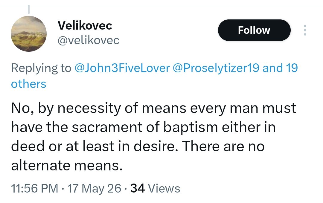 Proselytizer19's tweet photo. @velikovec @RomanGarza111 @John3FiveLover @TrueCatholic24 @mjmhawthorne @battlehardCath @IgnacioLemmi @ReginaCaeli3in1 @MonasteryOCarm @EKatholik @BigModernism @catholicsede @MorningStar3in1 @CMussell27 @SacraFamilia3 @MysticalRose3_1 @Catholicdogma33 @krisklondon @Judiero6 @proMHFMcatholic @Corona_de_Rosas Not true. You said one must "have the sacrament of baptism either in deed or... desire." https://t.co/wd1C8Udwou