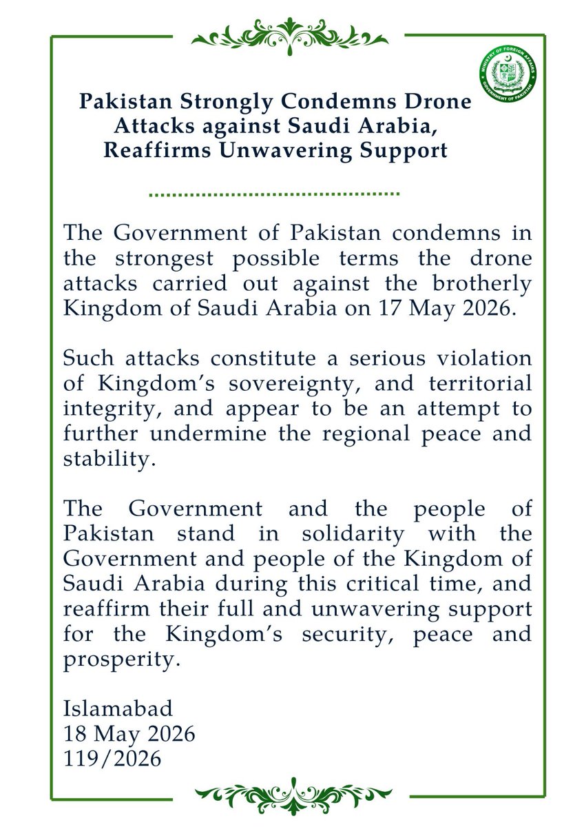 ForeignOfficePk's tweet photo. 🔊PR No.1️⃣1️⃣9️⃣/2️⃣0️⃣2️⃣6️⃣

Pakistan Strongly Condemns Drone Attacks Against Saudi Arabia, Reaffirms Unwavering Support 

🔗⬇️ https://t.co/wgRUXOMObf