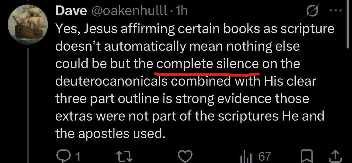 PTLSOG's tweet photo. @oakenhulll @PBTNOTL @Dprofound1 @Flowlesspoker @SophiaAgape_ @Acts17David @Dominic4JChrist @GOODFE77AGAMES I can’t track my argument? You said Jesus was Completely Silent on the Deuterocanon. I was refuting that. You lecture people because you’re a Reddit pseudo intellectual. Instead of having a normal conversation you act like a baby and now we’ve derailed into arguing words. https://t.co/snCPSCsfPd