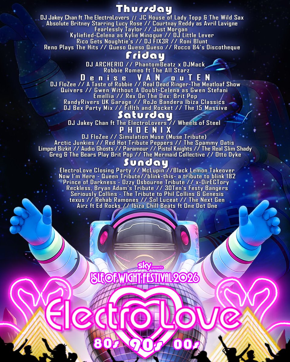 IsleOfWightFest's tweet photo. The hottest all-day nightclub bringing the best from the 80s, 90s &amp; 00s… there’s only one place to go…@electroloveuk

Packed with epic DJs, including @denise_vanouten  &amp; Phoenix, plus top tributes &amp; bands you won’t want to miss.   

#SkyxIOW #IOW2026 #elpartycentral https://t.co/V31KfQIqTH