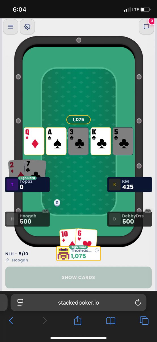 ThomasOyxxx's tweet photo. I kept waiting for the catch.

Clicked the link, expected a waitlist or a “download the app” wall. Instead I was at a table in under a minute. No account, no app, no verification. Just a browser tab and a buy-in.

Real money games running on USDC. Nobody holds the pot but the table itself. You win a hand, it’s yours. No platform sitting in the middle, no withdrawal request, no three-day hold.

This removes every friction point online poker has spent 20 years normalizing. You get a link, you play. That’s it.

Still can’t find the catch.

https://t.co/QsXLjbWBc8 | @stacked_poker