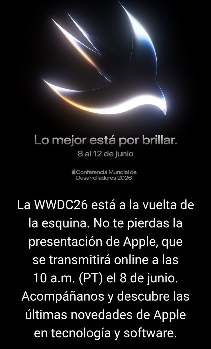 edowoo's tweet photo. La conferencia de desarrolladores de Apple ya tiene fecha: el próximo 8 de junio. Las mayores novedades vendrían con un Siri súper inteligente.

#WWDC26 https://t.co/49GUBk4Slp