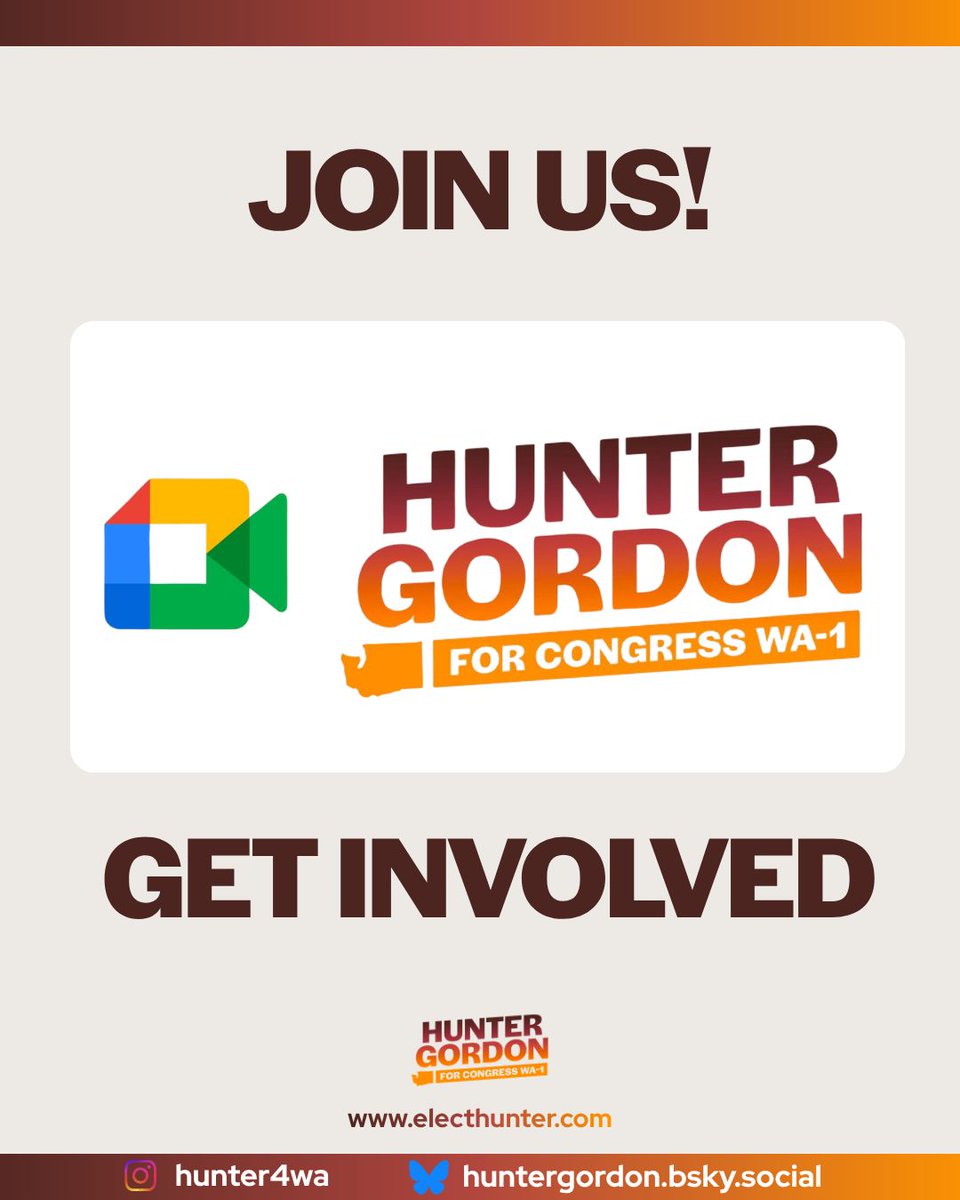 Hunter4WA's tweet photo. JOIN US!

We will be meeting on Mondays at 4:30pm PT to discuss the campaign, upcoming events, and what we need help with from volunteers! 

You can join via https://t.co/ikFnrcFzSQ https://t.co/Co6JX5DZQG