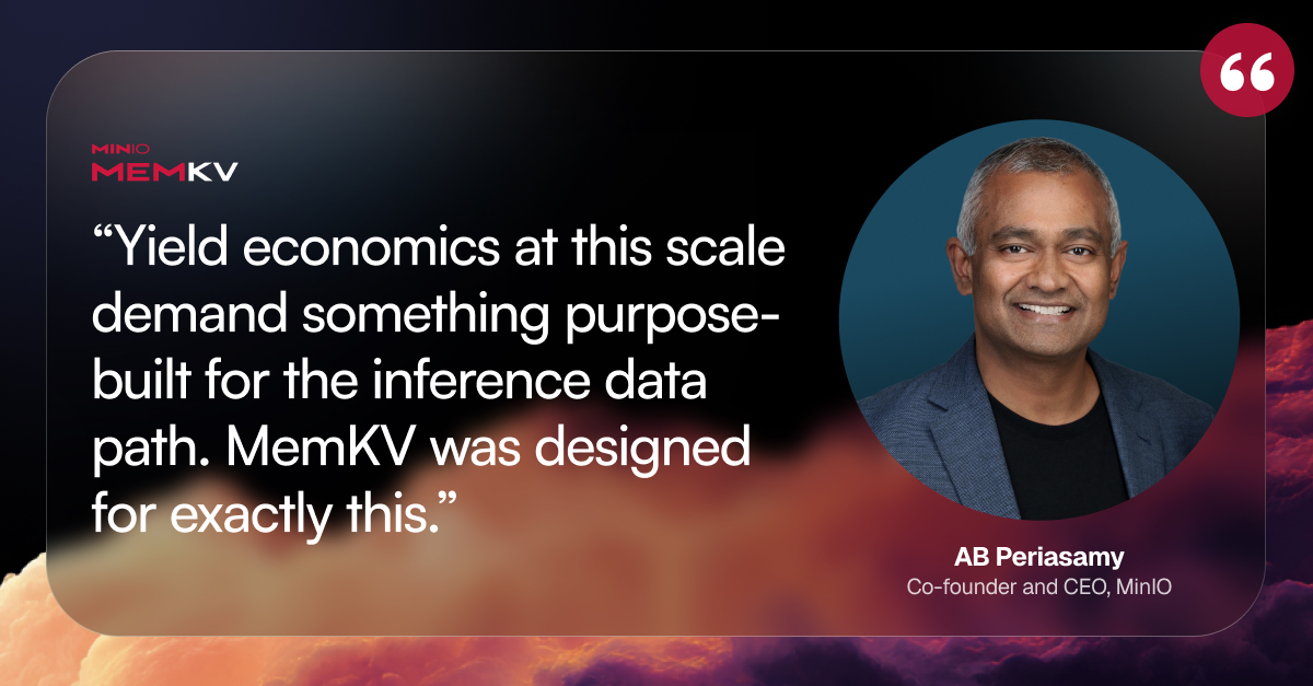 Minio's tweet photo. From co-founder and co-CEO AB Periasamy: As GPU density and context windows grow, recomputing prior work becomes a constraint on throughput, power, and economics. 

What’s emerging now is a new layer in the stack centered around shared context and inference efficiency. That's MinIO MemKV.