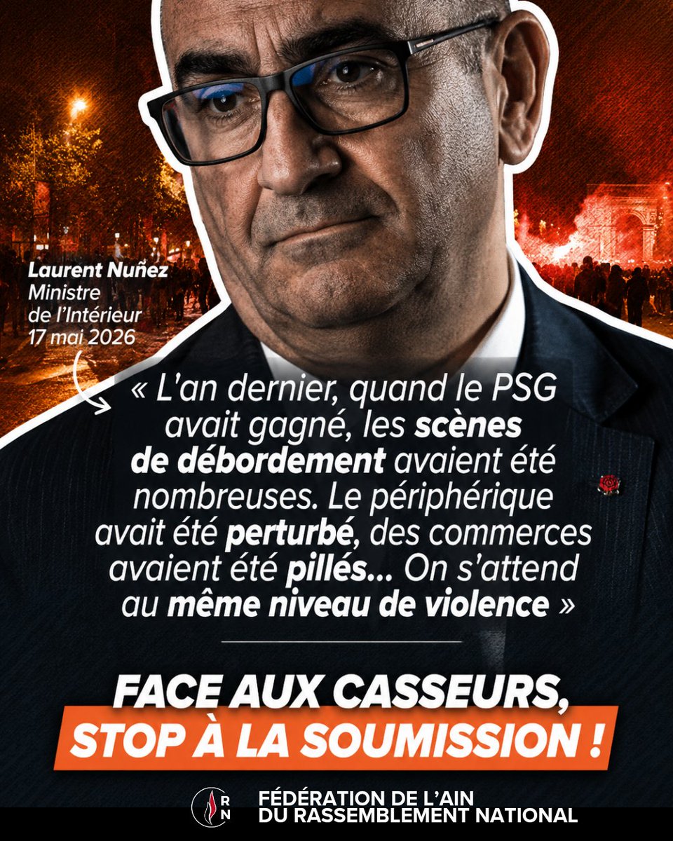 RN_Ain_01's tweet photo. 🔥 Pendant que le PSG fait rêver l’Europe, le gouvernement prépare déjà les excuses de son impuissance.

🇫🇷 La France a besoin d’un État qui protège les honnêtes gens et fait reculer les casseurs. https://t.co/SsOR44qZvp
