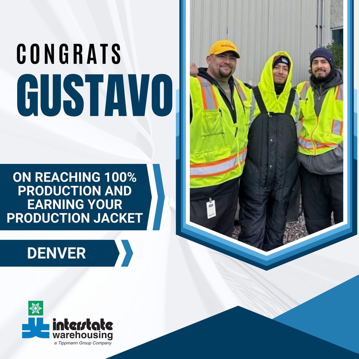 TippmannGroup's tweet photo. Congratulations to Gustavo on reaching 100% production and earning his production jacket! 👏

This is a great accomplishment and a reflection of the hard work, focus, and dedication Gustavo brings to the team at Interstate Warehousing in Denver. https://t.co/odsPDrjROQ