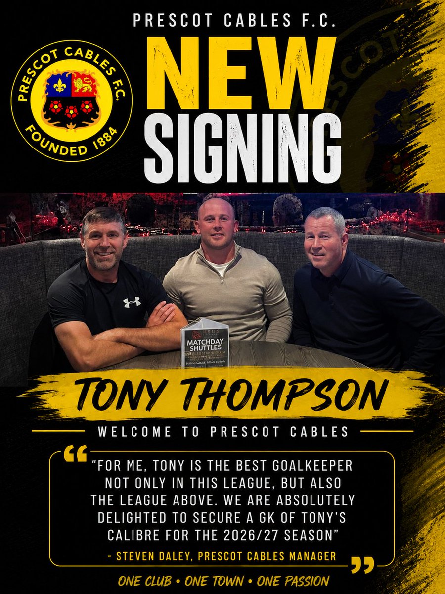 PrescotCablesFC's tweet photo. We are delighted to announce the capture of Goalkeeper Tony Thompson. 

Thompson, 31, is a former Rotherham United, Morecambe, Chester &amp; Altrincham stopper who has @EFL and @VanaramaLeague experience and has spent the last 4 seasons at Bootle. 

Welcome @tonythompson918 🧤⚽️ https://t.co/RbDRSZG2j4