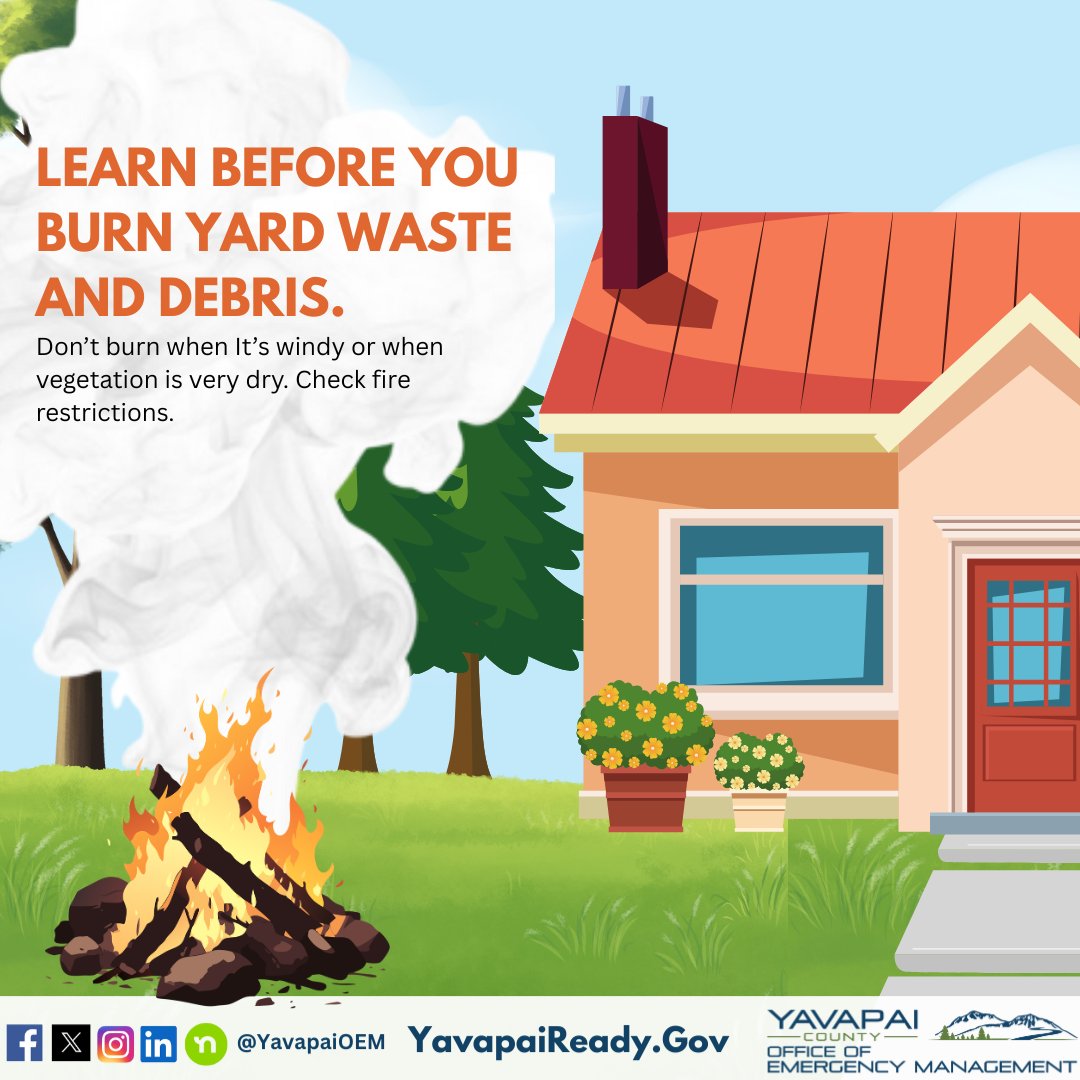 YavapaiOEM's tweet photo. Learn Before You Burn!
📰 Check local rules and get permits.
🚫 Don't burn if it's windy or dry.
☣️ Don't burn hazardous stuff.
💧 Keep a shovel and water nearby.
🔥 Clear 10 feet around your burn site.

#YavapaiCounty #FirePrevention #BurnPermit #EmergencyManagement https://t.co/kj9QJKere1