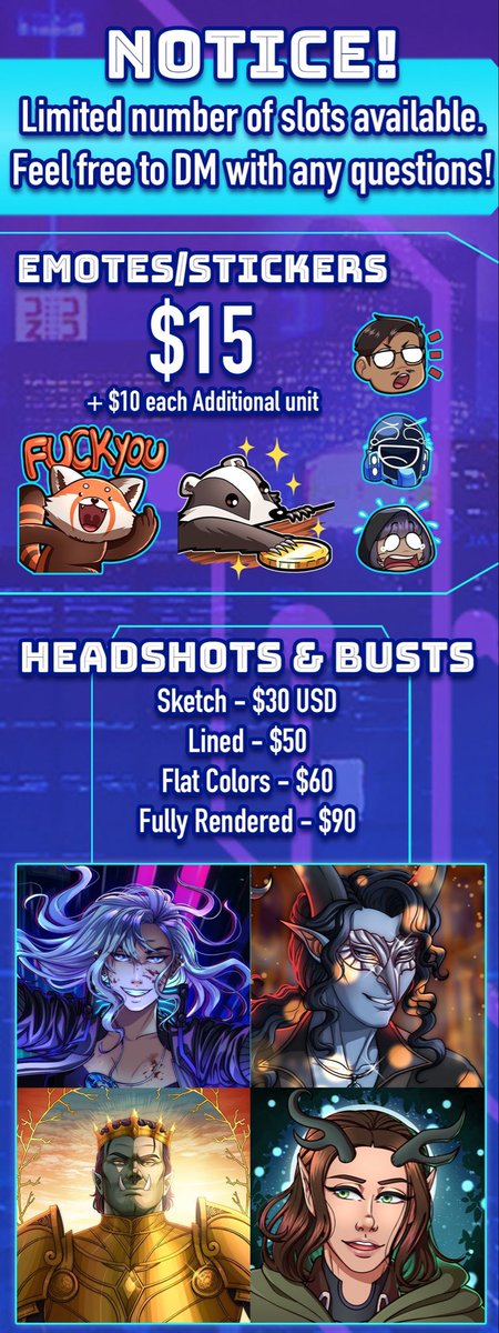 TheMaximumPanic's tweet photo. Commissions are OPEN! 🎨🖌️

Starting off small here. I can make tons of fun emotes and stickers for your Twitch streams and Discord servers. I ALSO come bearing offers of headshots, busts, and profile pictures for your social media or fictional character needs!

DM if interested! https://t.co/E6eXf2rtO9