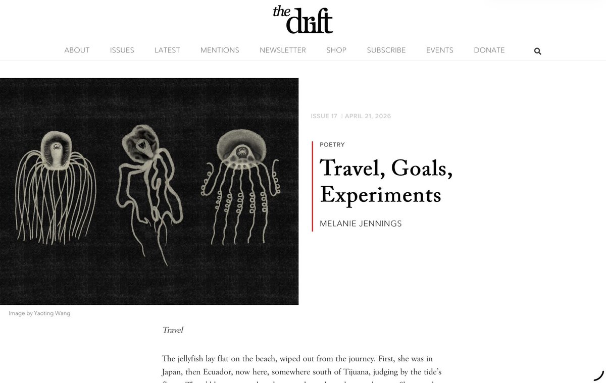 bulkfirework's tweet photo. Illustration for @thedrift_mag Issue 7

poetry「Travel, Goals, Experiments Poetry」
MELANIE JENNINGS
Travel The jellyfish lay flat on the beach, wiped out from the journey.

Thanks to John！

#illustration #drawing #sketch #digitalart #poetryillustration https://t.co/utZIcMoToL