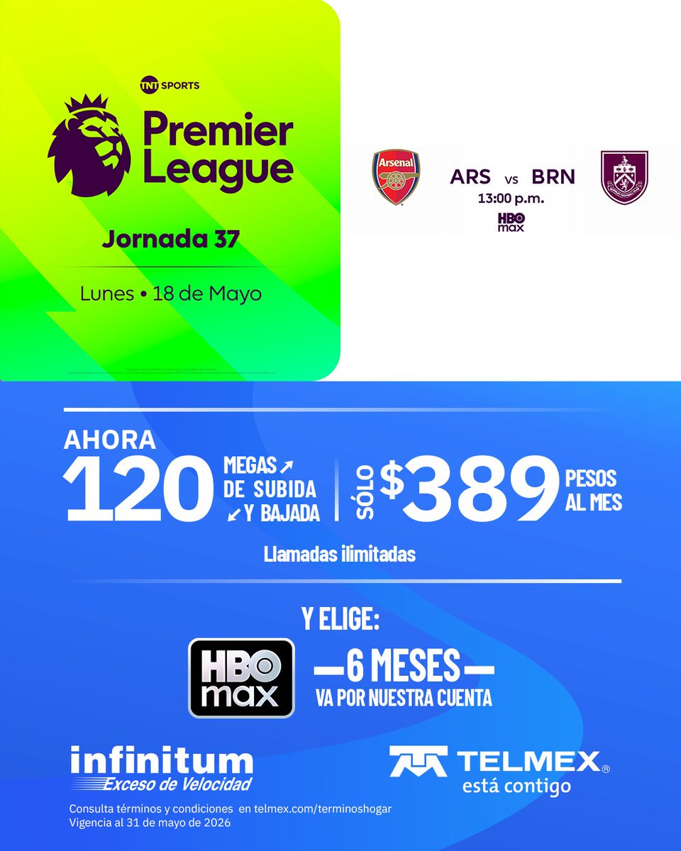 infinitum's tweet photo. La definición de la Premier League está en Max. ¡Sigue la Jornada 37 en vivo y vibra con cada gol rumbo al título! ⚽🏆
Contrata tu Paquete Infinitum o domicilia tu Recibo Telmex y elige HBO Max, 6 meses va por nuestra cuenta ➡️ https://t.co/8BlHkbSsl0 https://t.co/DtZBYZOd43