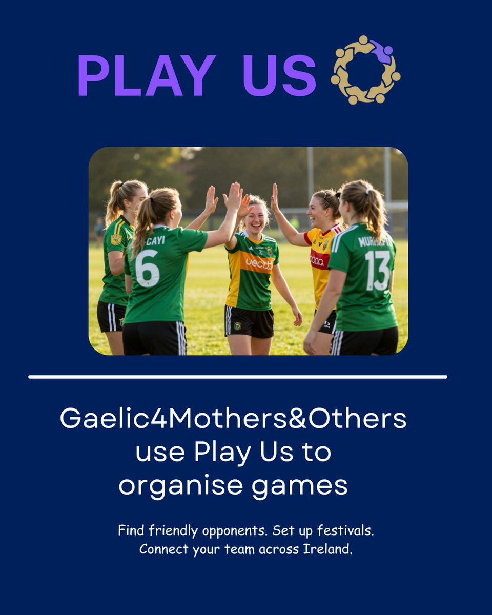 Play_Us_App's tweet photo. Gaelic4Mothers&amp;Others is all about community, fun and staying active, and organising games shouldn’t be difficult.

With Play Us you can:
✔️ Find friendly opposition
✔️ Organise challenge games &amp; Festivals 
✔️ Track your games 

Bring your team together with Play Us 💜 https://t.co/kbdDiGJ64O