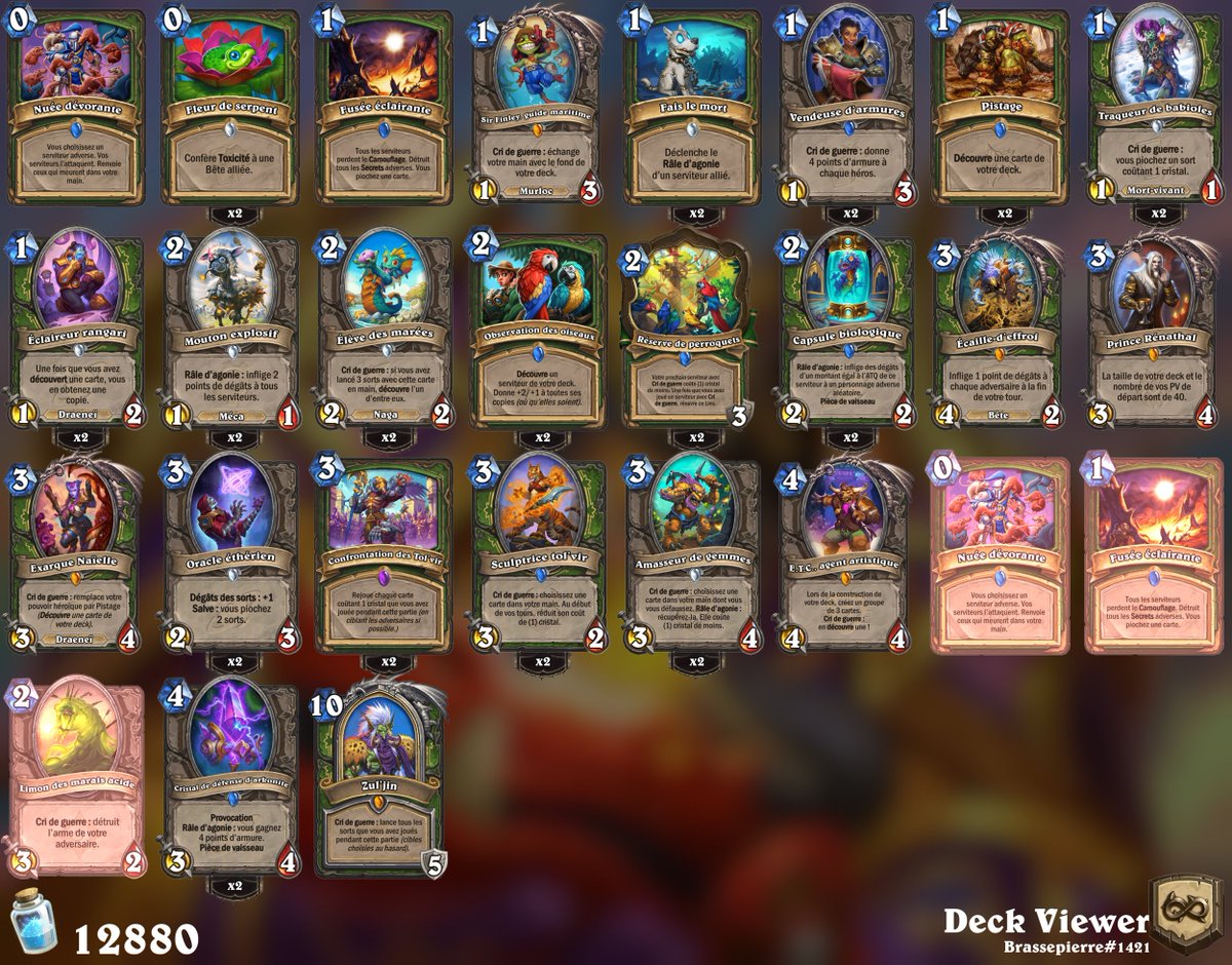 Pelthune's tweet photo. XL Zul'Jin/Tolvir Starships OTK Hunter

Discard the 1-mana spell and trigger the deathrattle with the other 1-mana spell.
Play Zul'jin (reduce it cost before) or Tolvir to win.

Youtube Video Link : https://t.co/qd4atyr5V7

Deck code in the Video Description. https://t.co/AHyfZGw19h