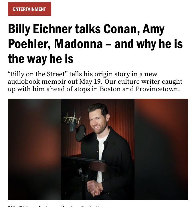LaurenDaley1's tweet photo. I had a blast interviewing the brilliant @billyeichner on his new audio memoir, @ConanOBrien, P-town, #BillyontheStreet, Friends of College, Will Ferrell and more. Catch him @The_Wilbur w Boston's own man-on-street master @MattWBZ 5.21. 
https://t.co/oX64WGOoXz https://t.co/hB8iTF5qko