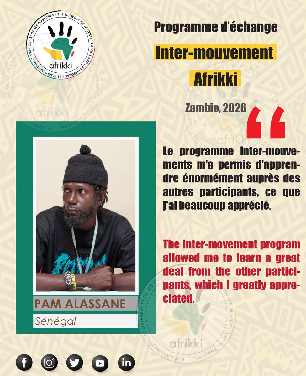 AAfrikki's tweet photo. Programme d’échange intermouvement Afrikki. 
3. Alassane PAM est une figure montante du militantisme citoyen au Sénégal, connu pour son engagement au sein du collectif @Yenamarre_NTS. 
Il s’est dit honoré de découvrir le pays, ses réalités sociales et ses acteurs inspirants. https://t.co/yYWZUN47cV