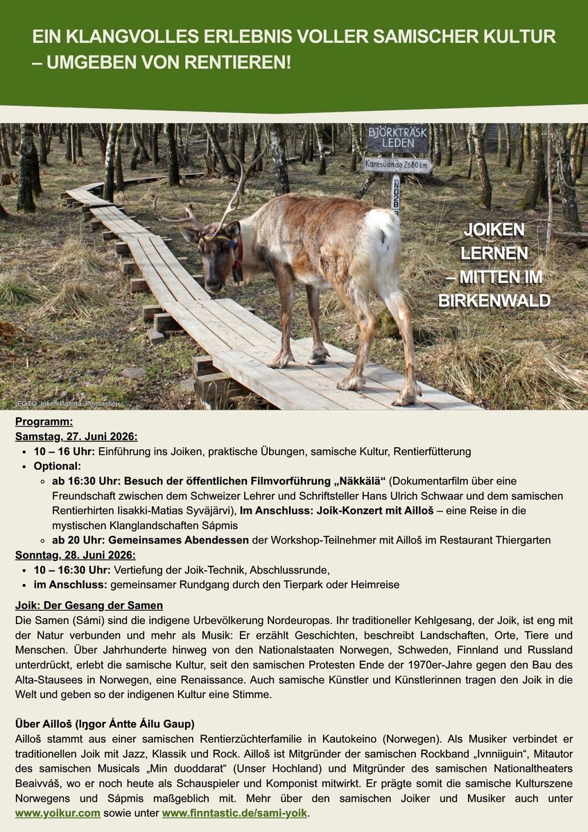 finntastic_de's tweet photo. Liebe Interessierte der samischen Kultur, 

am 27. und 28. Juni 2026 findet im Tierpark Sababurg in Hofgeismar ein Joik-Wochenende statt.

Interesse? Dann schreibt an info@finntastic.de und ihr erhaltet alle Infos zum Kurs und zur Anmeldung. 
 
#Finntastic #diefinnomenaleWebsite https://t.co/iKljW6cGTd