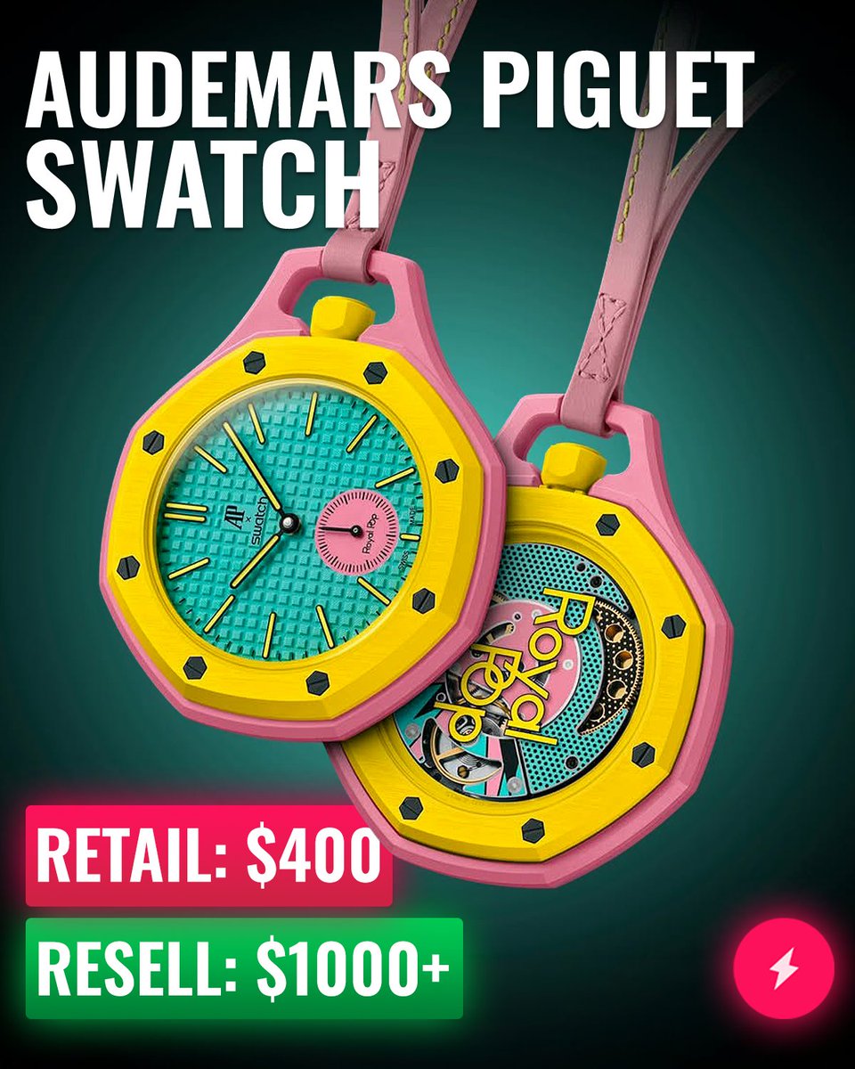 AMNotify's tweet photo. Audemars Piguet x Swatch "Royal Pop" ⌚

📊 Retail: $400
💰 Resale: $1,000+

Lines wrapped around blocks. Stores shutting down. Absolutely chaotic release...

$600+ profit per watch if you survived the madness! 🔥 https://t.co/w2rNv4pIZM