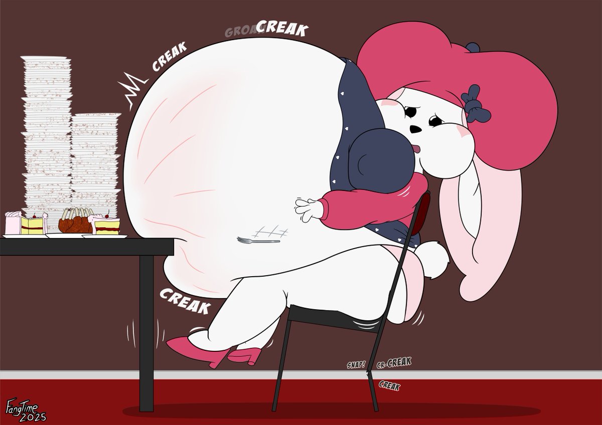 FangTime_Artist's tweet photo. There were still 2 April Comms from VelcroPrince, each one a Part 2 to last year's Easter Comms.

Rosianna Rabbit's certainly had her fill and calls it an evening at the buffet... only she's having trouble getting out the door, which gives the waiting staff the wrong idea. https://t.co/Ln7FXgMu2L