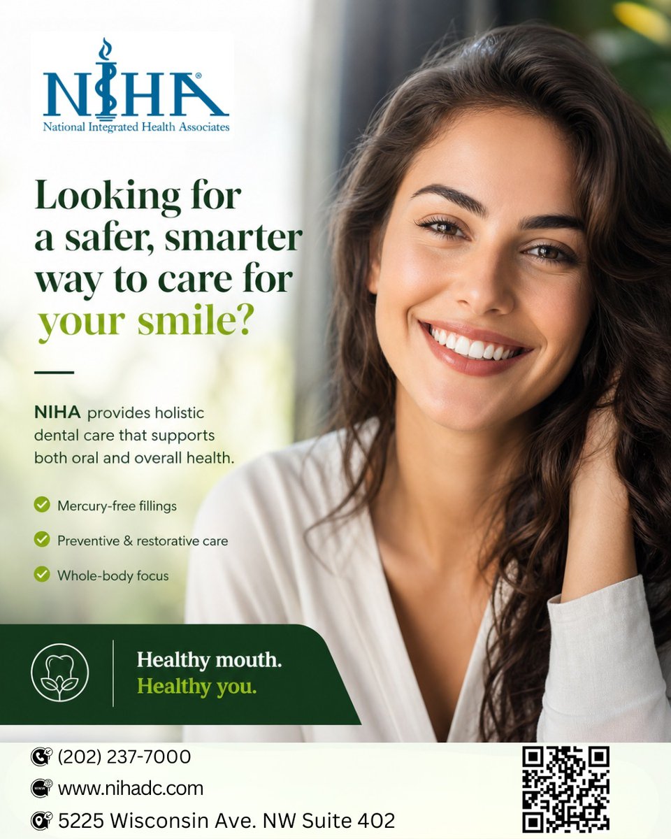 nihadc's tweet photo. Looking for a safer, smarter way to care for your smile? ✨

At NIHA, we believe oral health is deeply connected to your overall wellness. 
Healthy mouth. Healthy you. 💚
 (202) 237-7000
 https://t.co/Xfr002cG42
5225 Wisconsin Ave. NW Suite 402
#HolisticDentistry #HealthySmile https://t.co/VJiQysNY5V