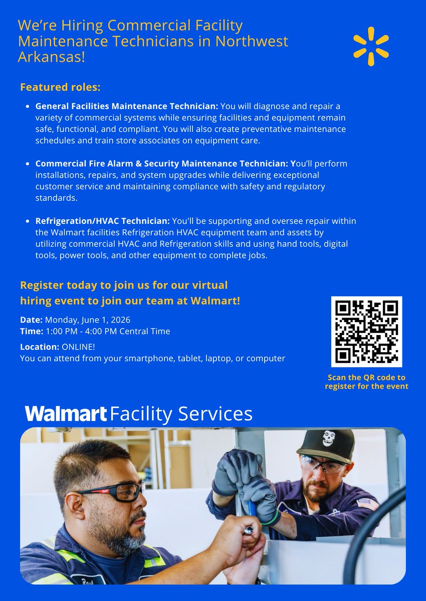 WalmartHiring's tweet photo. Walmart is hiring Commercial Facility Maintenance Technicians in Northwest Arkansas. Join us on our virtual hiring event coming up soon!

Learn more and register here: 
https://t.co/J0k1mlz8xb

#hiring #jobsearch #newopportunities #careersatwalmart #hiringinarkansas https://t.co/IUUtHp5CLq