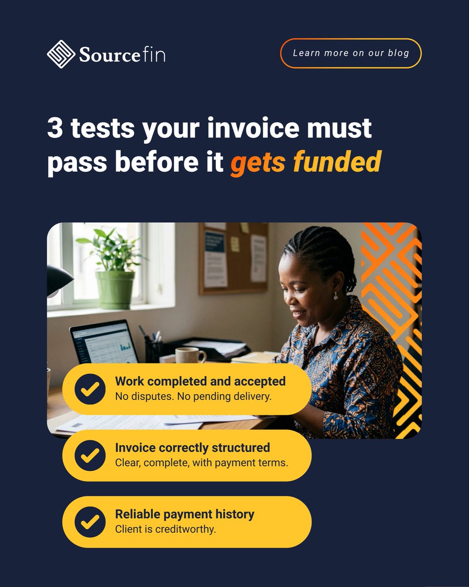 sourcefin_'s tweet photo. Cash flow could already be sitting in your unpaid invoices.

Before invoice funding is approved, your invoice needs to pass a few key checks.

The 3 tests can help you see if your invoice qualifies for funding.

Learn more here: https://t.co/mJgkwmULby

#sourcefin #pofunding https://t.co/O15mkIyto7
