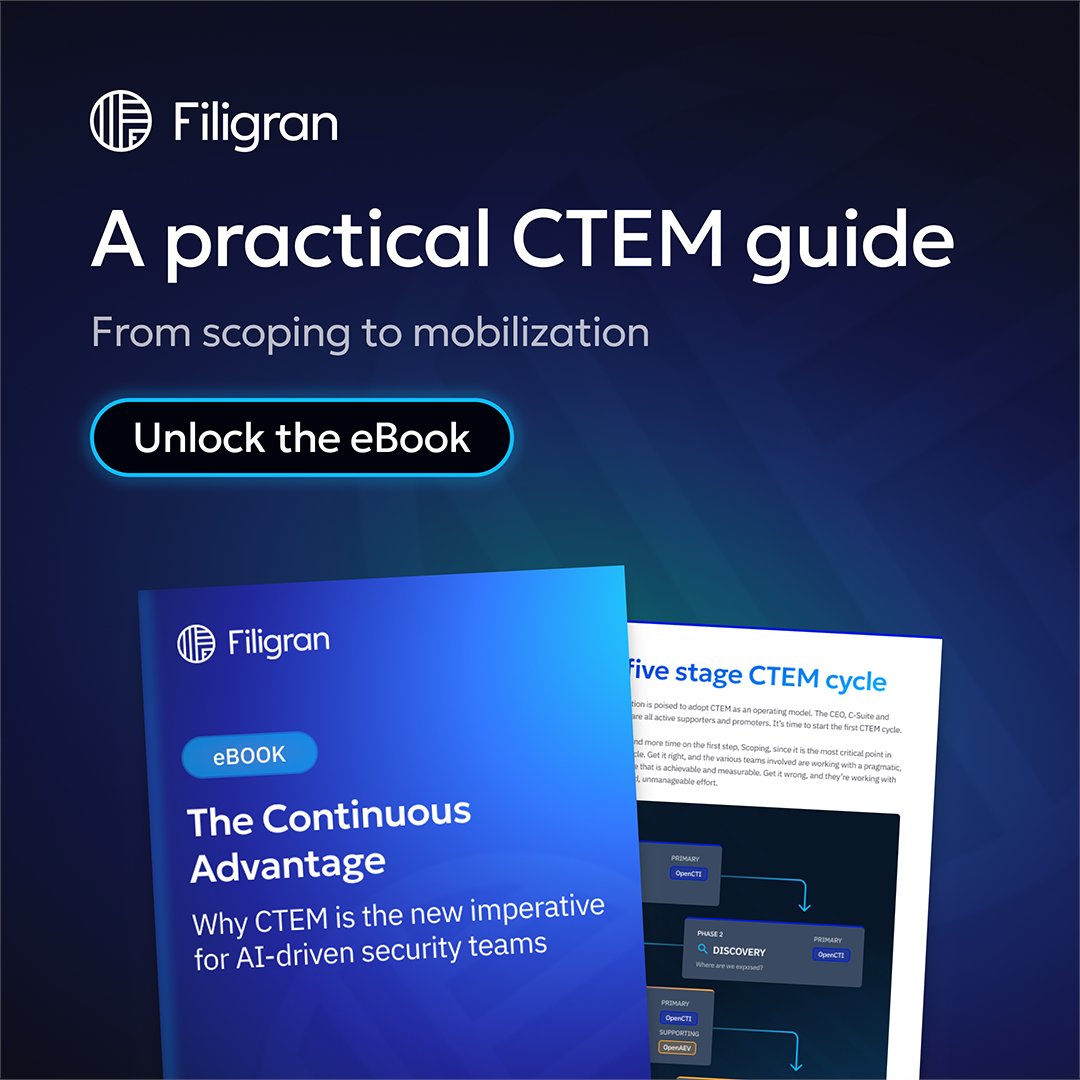 FiligranHQ's tweet photo. Your security team speaks CVEs. Your board speaks business risk. #CTEM bridges that gap, translating cyber risk into language leaders can act on.
Get the full picture in our new eBook 👉 https://t.co/on4slVqtSI https://t.co/mJ0m0DYKX2