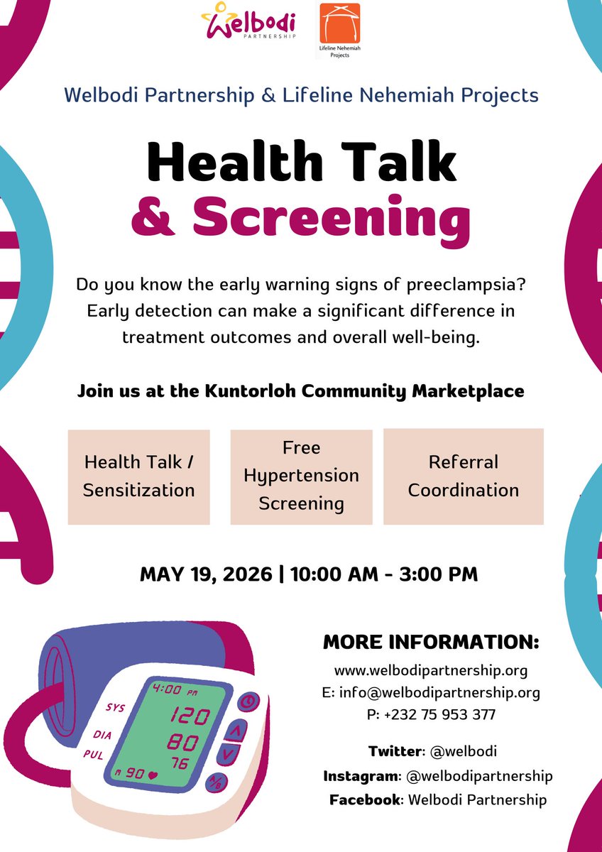 welbodi's tweet photo. Community Engagement Alert!

Tomorrow, @welbodipartnership and @thelnpsl are coming together at Kuntorloh Community Marketplace for a special health outreach event! 

📍 Venue: Kuntorloh Community Marketplace
🗓️ Date: Tomorrow, May 19
⏰ Time: 10 AM - 3 PM

#PreeclampsiaWeek https://t.co/06jZ4xXkfA