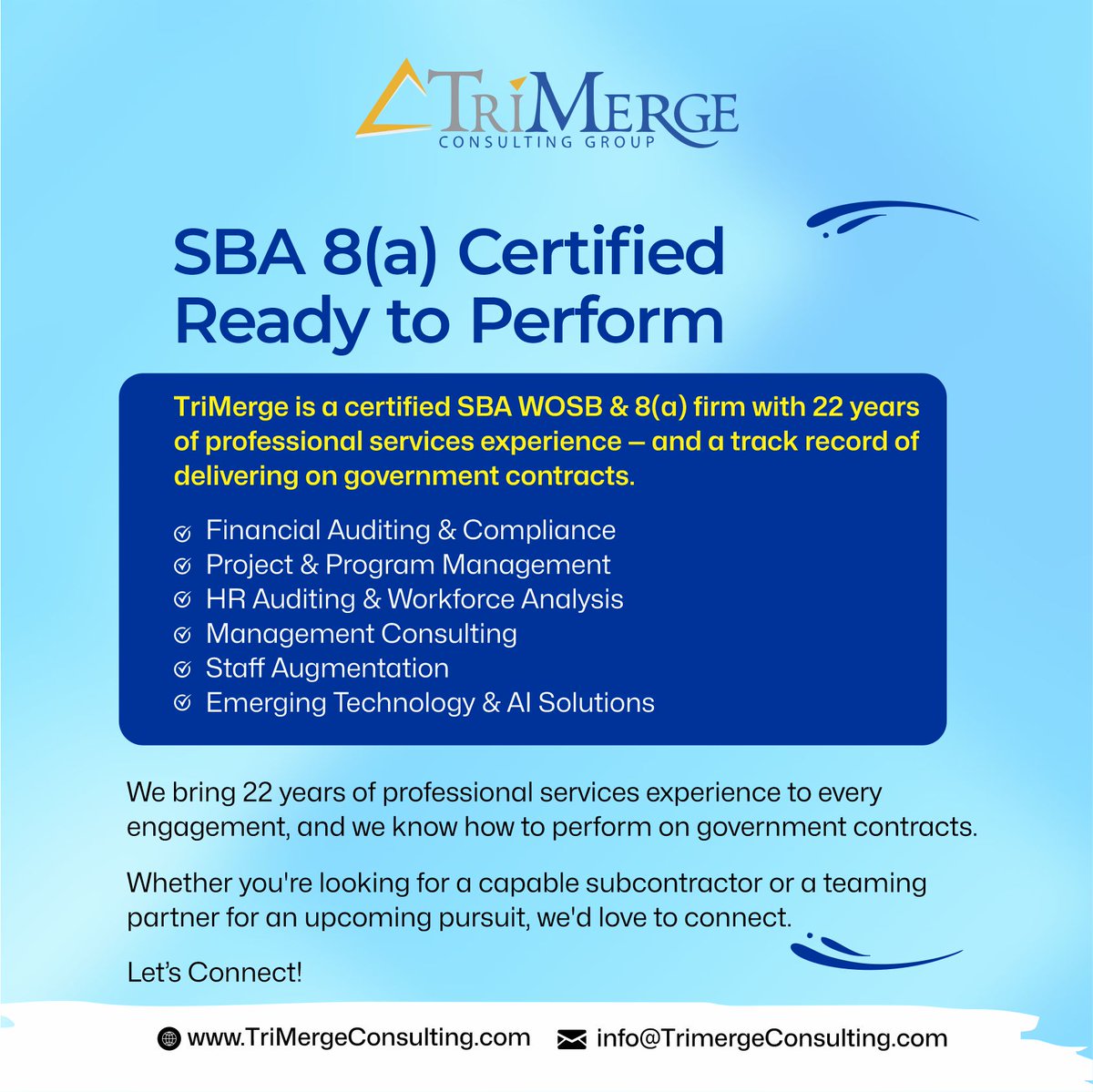 TriMergeCPA's tweet photo. Certified. Capable. Ready. 

Looking for a subcontractor or teaming partner? 

Let's connect. 🤝

#8a #WOSB #GovCon #GovTech #Automation #TriMerge #Compliance #Operations #Finance #SOFWeek2026 https://t.co/2stO7uINGW