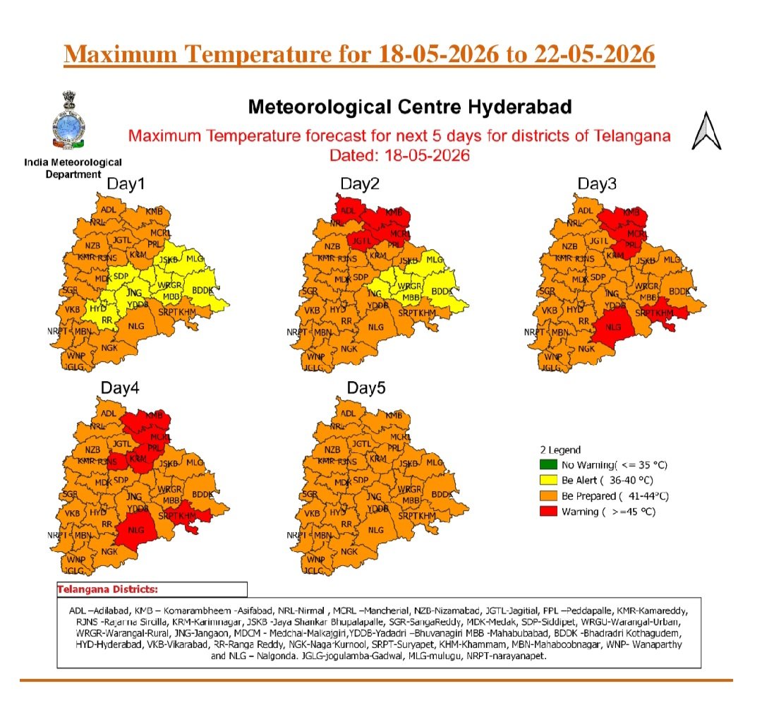 jsuryareddy's tweet photo. #Heatwave Alert ⚠️ :

The #IMD has issued an #OrangeAlert for maximum districts and #RedAlert for some districts in #Telangana, #Warning of a #Severe #Heatwaves till May 22.

In #OrangeWarning Temperatures are expected to range between 41°C and 44°C, while #RedWarning Temperatures are expected above 44°C.

Red Warning for Adilabad, Jagityal,  Komrambheem, Mancherial districts on May 19.

To mitigate the severe risk of dehydration and heat-related illnesses during this prolonged dry spell, the Director of Public Health (DPH) in their heatwave advisory has strongly urged public to restrict outdoor exposure during peak afternoon hours, wearing light cotton clothing, and maintain rigorous hydration using water, ORS, or traditional fluids.