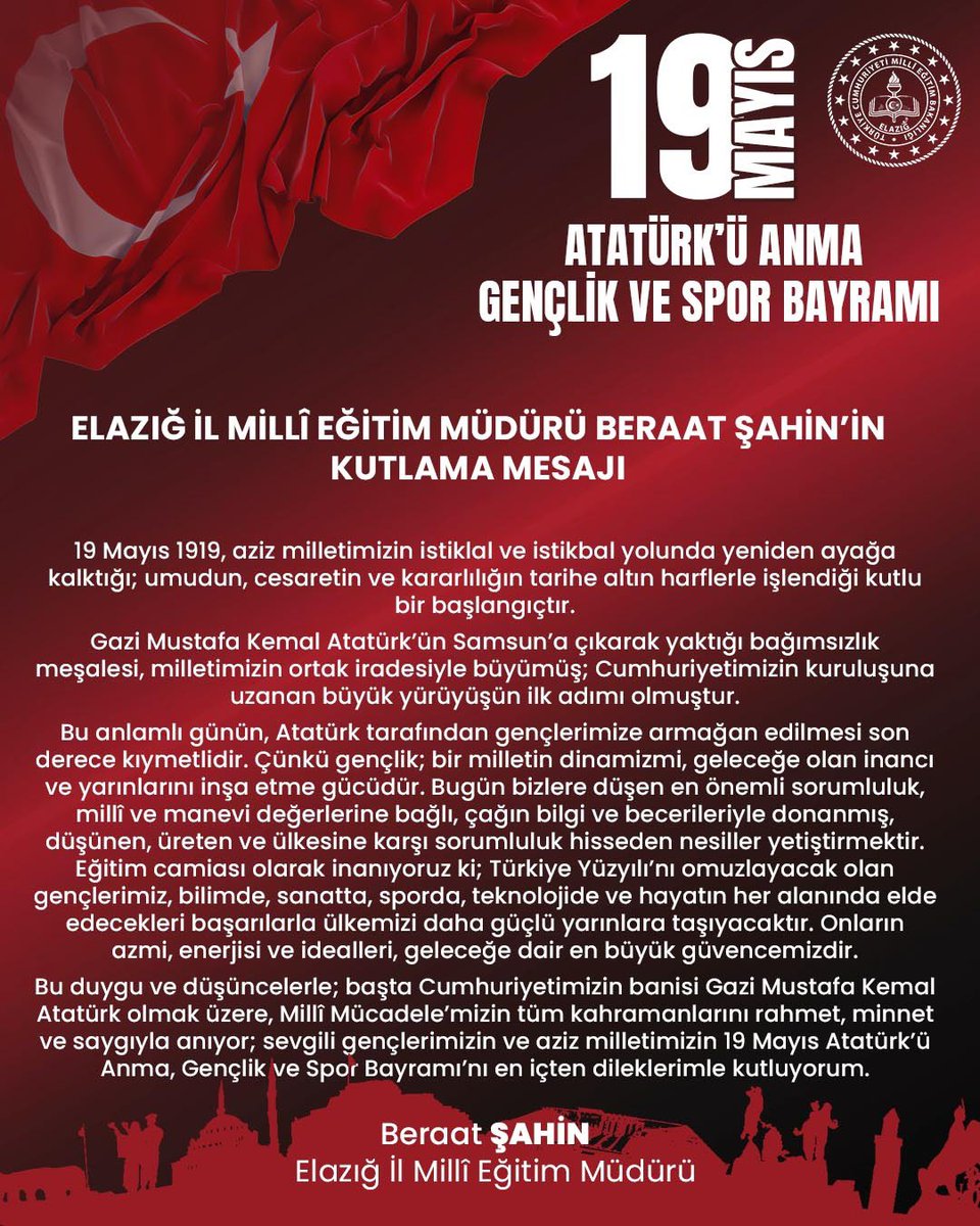 elazigmem's tweet photo. Milli Eğitim MüdürümüzSayın Beraat ŞAHİN’in 19 Mayıs Atatürk’ü Anma Gençlik ve Spor Bayramı Mesajı 🇹🇷
@tcmeb @SahinBeraat #elazığ https://t.co/xnvHrPrjpf