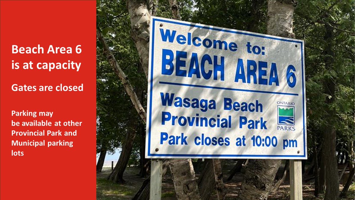 WasagaBeachPP's tweet photo. 🛑 Beach Area 6 has reached capacity and the gates are closed.

Only visitors with a reservation will be permitted entry. 

🅿️ Parking may be available at other Provincial Park and Municipal parking lots. https://t.co/HDQuAAjTZj