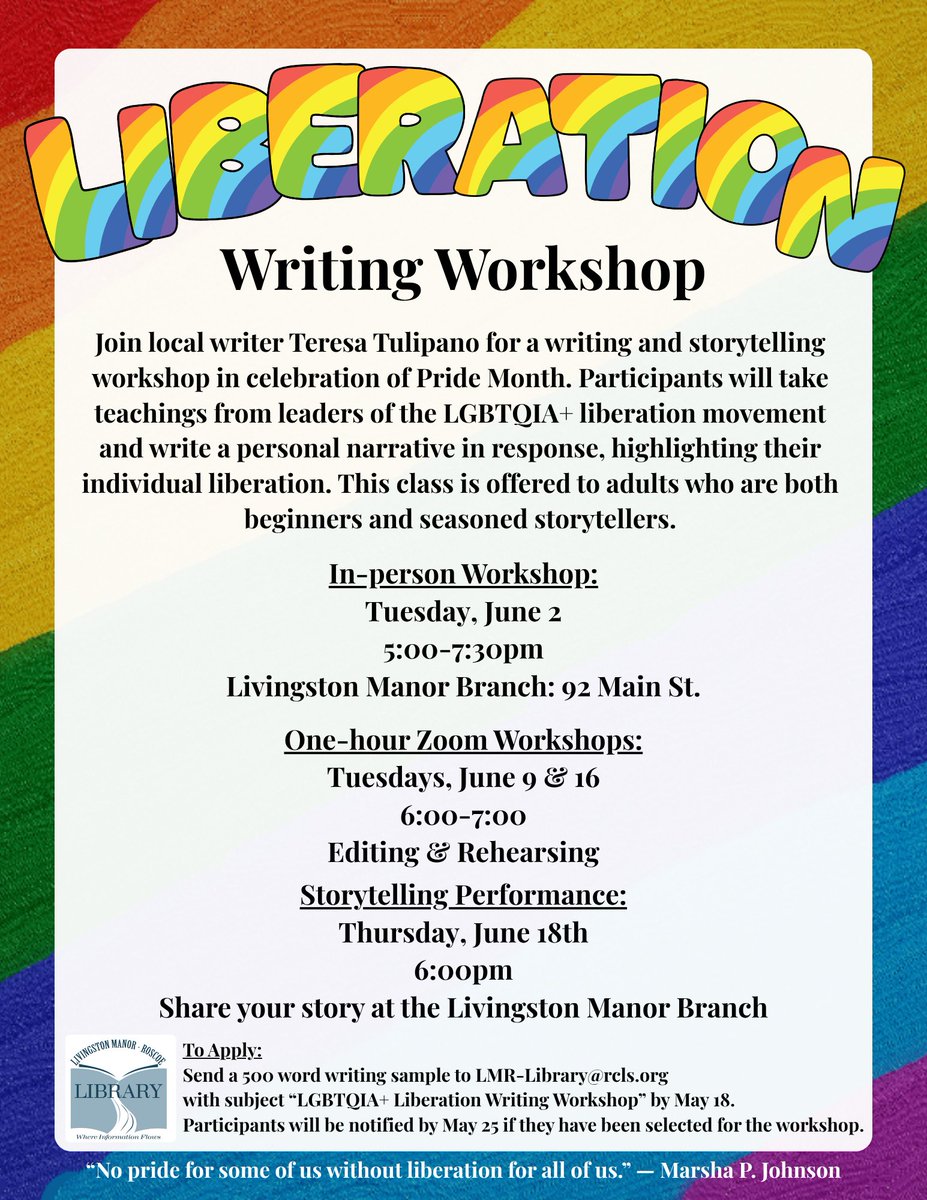 LMR_Library's tweet photo. Adults are invited to join Teresa T. for a storytelling workshop in celebration of Pride Month. Beginners and seasoned storytellers will take teachings from leaders of the LGBTQIA+ liberation movement and write a personal narrative in response. Application details posted: https://t.co/BI9qjgehrr