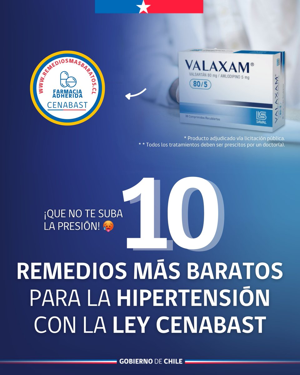 Cenabast's tweet photo. Cotiza tu tratamiento para la Hipertensión 💊

Encuentra en farmacias adheridas más de 30 medicamentos antihipertensivos, incluyendo fármacos para tu salud cardiovascular ❤️‍🩹

📲 Revisa la disponibilidad y dónde encontrarlos en https://t.co/psrYlx6Ui8 o llamando a Salud Responde. https://t.co/1m7qhDR0XU