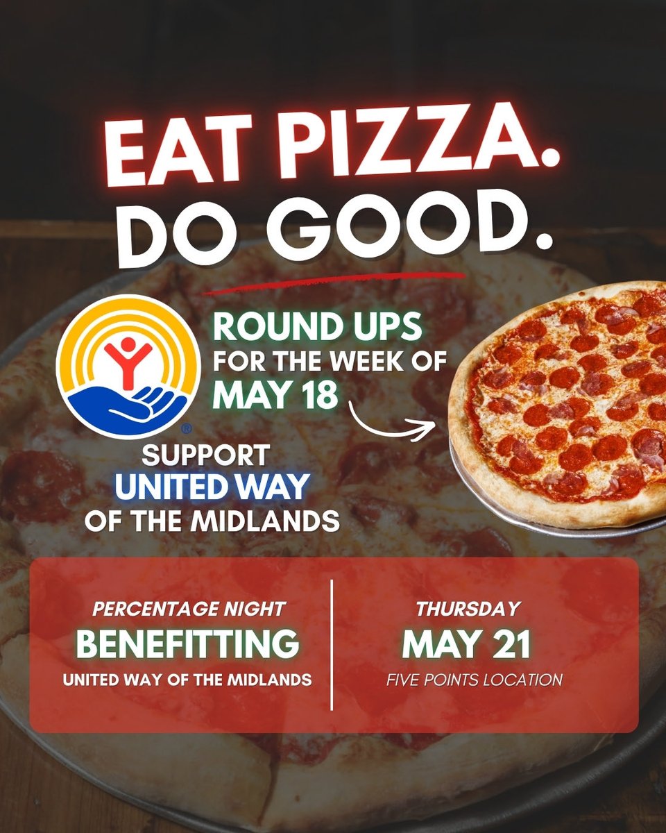 IdiotPizza's tweet photo. Eat pizza. Do good. 🍕⁠
This week, we’re rounding up orders to support United Way of the Midlands!
⁠
PLUS  join us Thursday, May 21 at our Five Points location for a Percentage Night benefiting United Way of the Midlands. Come eat some ‘za for a good cause. 💙⁠ https://t.co/CYylcEFatF
