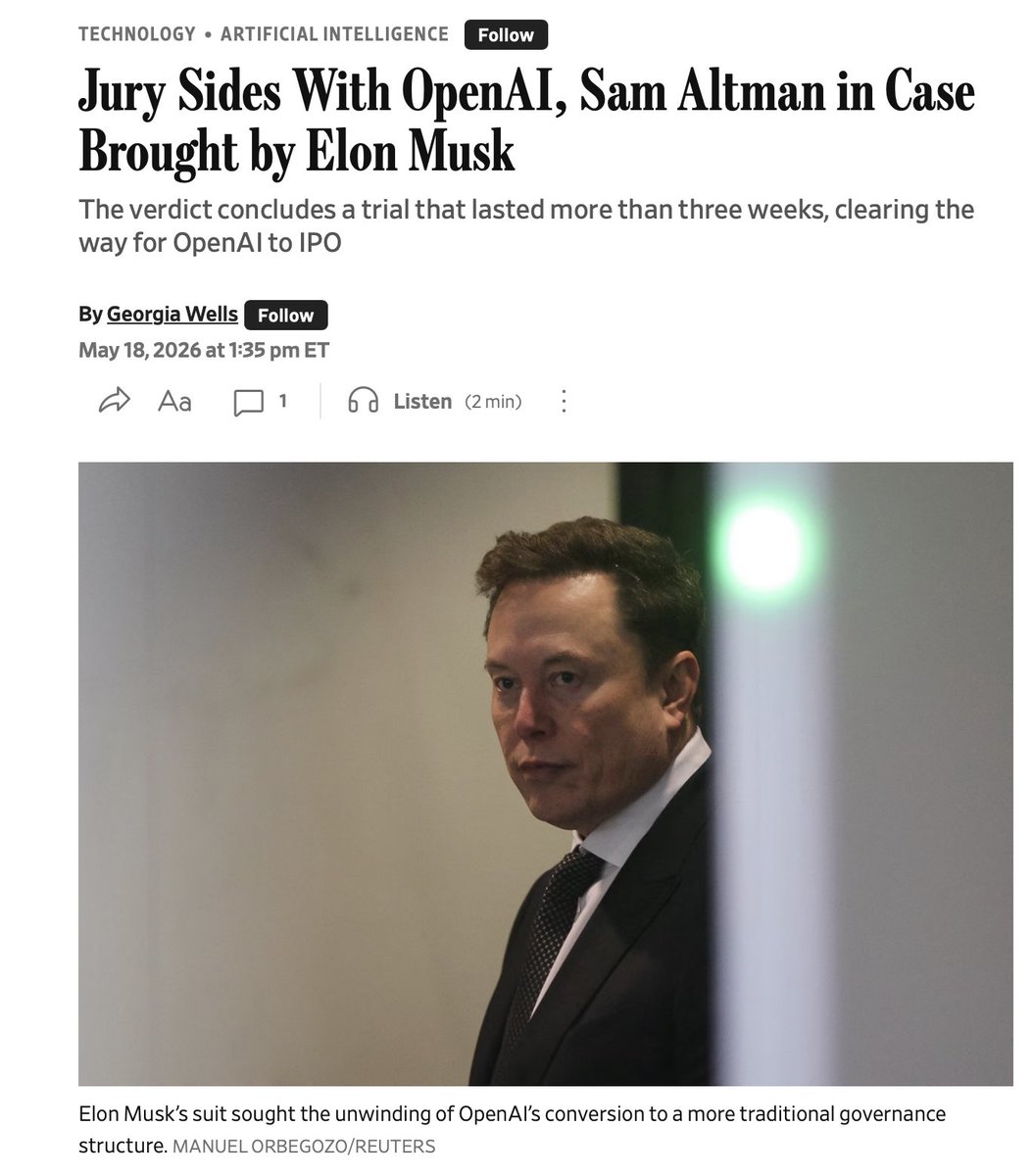 modernfimentor's tweet photo. HOLY SMOKES!

 ELON (@elonmusk) LOSES HIS CASE VS SAM ALTMAN (@sama) AND OPEN AI (@OpenAI)

Open AI to soon IPO after the trial is over

Non-profit to profit arc is going to be complete now? https://t.co/jCCSNCnRX1
