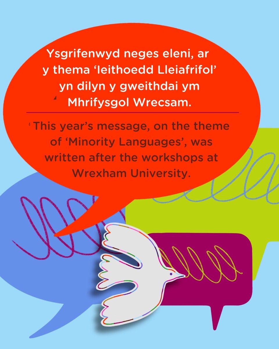 Urdd's tweet photo. Dewch i gwrdd â’r crewyr ✨  
Marged Tudur a myfyrwyr Ysgol Morgan Llwyd, Coleg Cambria a Phrifysgol Wrecsam sydd y tu ôl i #Heddwch2026 🕊️🌍

Meet the creators ✨  
Marged Tudur and students from Ysgol Morgan Llwyd, Coleg Cambria and Wrexham University are behind #Heddwch2026 🕊️ https://t.co/D1kYBaSVWO