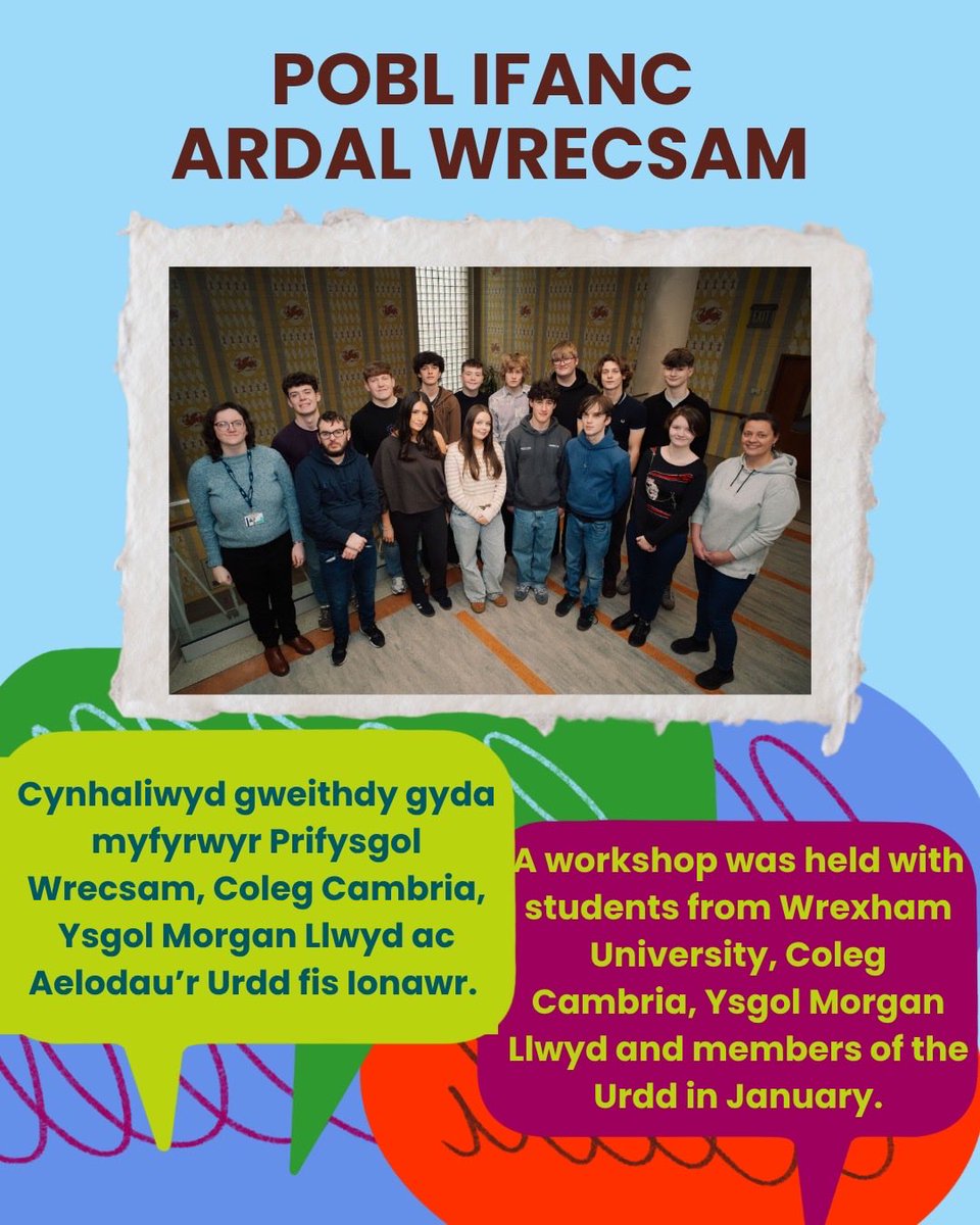 Urdd's tweet photo. Dewch i gwrdd â’r crewyr ✨  
Marged Tudur a myfyrwyr Ysgol Morgan Llwyd, Coleg Cambria a Phrifysgol Wrecsam sydd y tu ôl i #Heddwch2026 🕊️🌍

Meet the creators ✨  
Marged Tudur and students from Ysgol Morgan Llwyd, Coleg Cambria and Wrexham University are behind #Heddwch2026 🕊️ https://t.co/D1kYBaSVWO