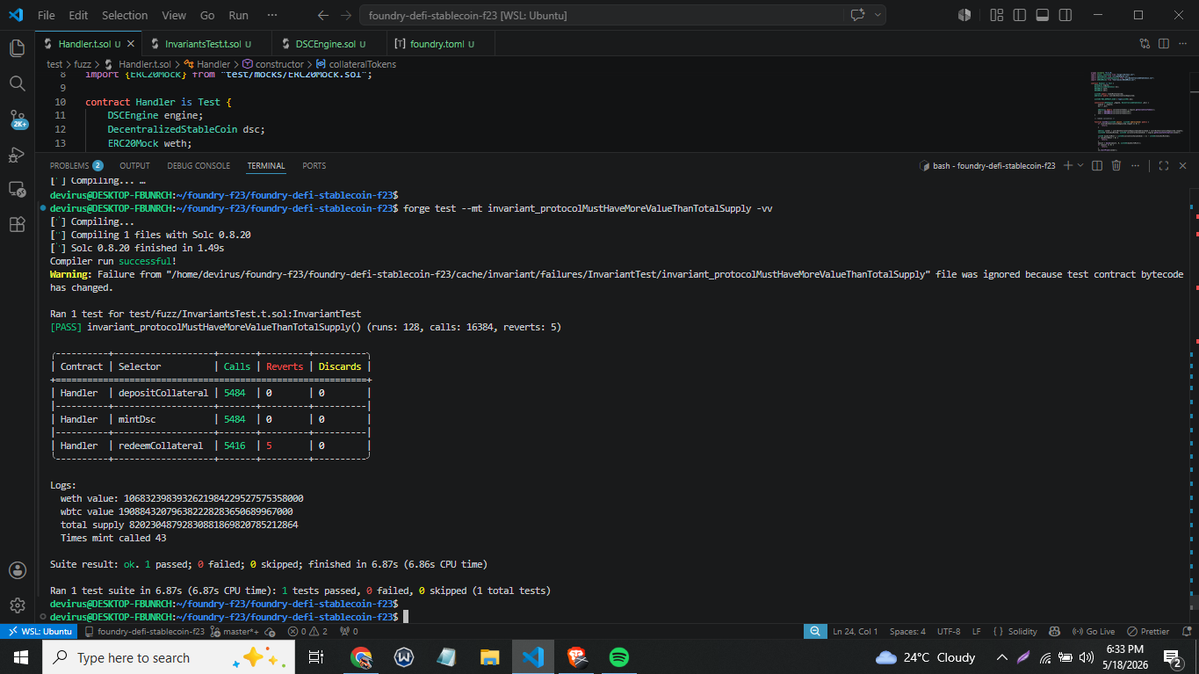 Devirus6341's tweet photo. Day 45 of learning #Blockchain development.

Did a lot of fuzz testing today and also learned about handlers.

Still a long way to go, but looking back, I’ve also come a long way. Almost done with the DeFi section.
#Web3 #Solidity https://t.co/Ul70mf0hBe