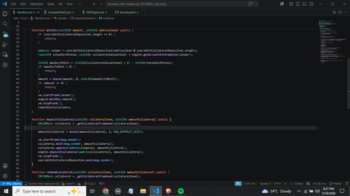 Devirus6341's tweet photo. Day 45 of learning #Blockchain development.

Did a lot of fuzz testing today and also learned about handlers.

Still a long way to go, but looking back, I’ve also come a long way. Almost done with the DeFi section.
#Web3 #Solidity https://t.co/Ul70mf0hBe