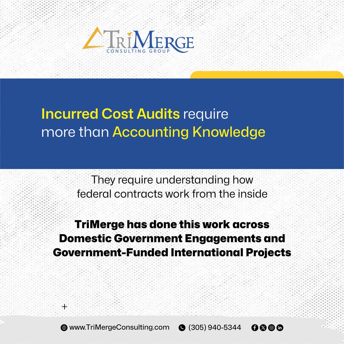 TriMergeCPA's tweet photo. Not every auditor understands what happens inside a federal contract. That insider knowledge is what separates a good audit from a great one.

#IncurredCostAudit #FederalContracting #GovernmentAudit #Compliance #CPA #TriMerge #GovCon #GovTech #AuditSupport #Finance #GAO #8a #WOSB https://t.co/ZOTP8LSDbD