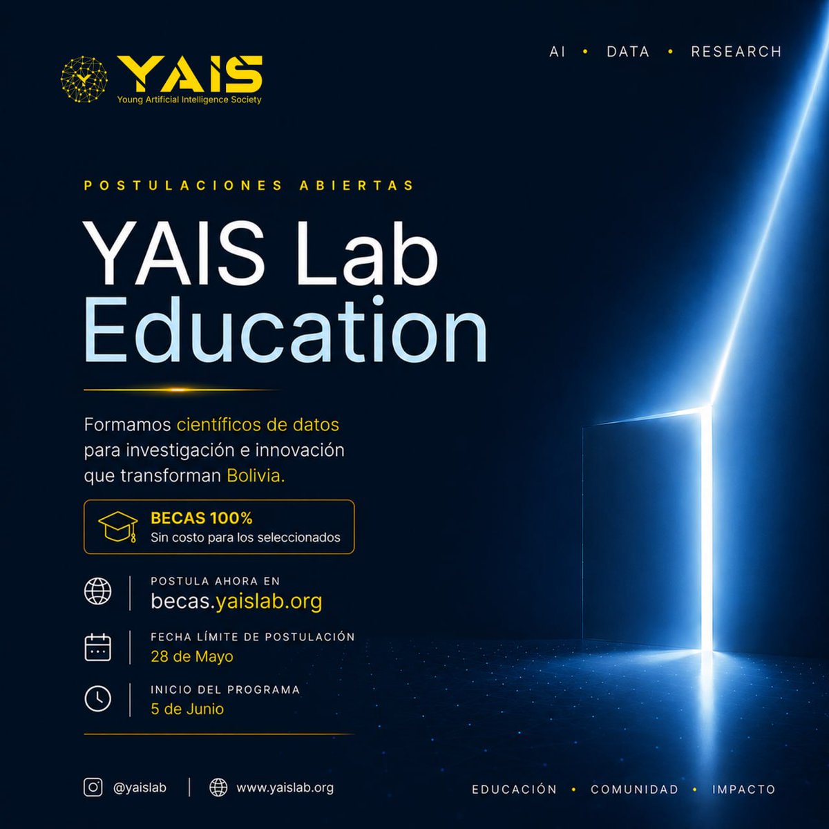 yaislab's tweet photo. Cohorte 1 · 2026 — postulaciones abiertas 🚪

YAIS Lab Education es la plataforma educativa propia de YAIS para formar talento en IA que transformen Bolivia desde la investigación y la innovación.

→ https://t.co/3tcSQjyz5U

#YAISLabEducation #YAIS #IA #Research https://t.co/0lezTCuOEF