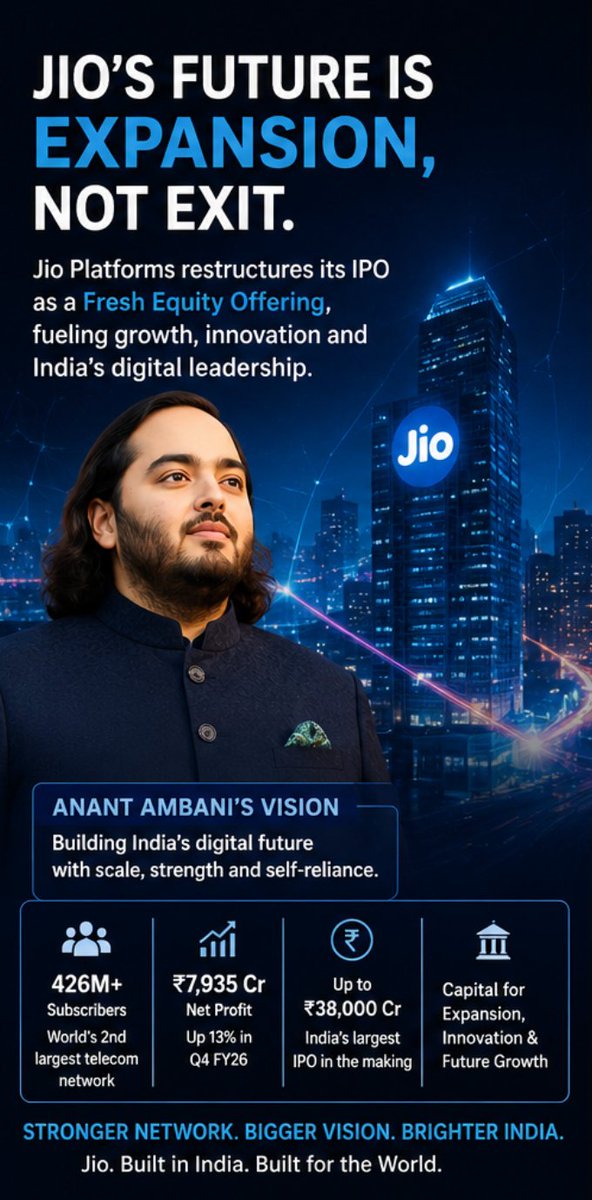 DivishaDas's tweet photo. #Anant2030Growth  Under Anant Ambani's leadership, Jio's IPO strategy showcases a commitment to future growth and market presence, prioritizing long-term development over short-term investor exits. https://t.co/xsCvnonQr4